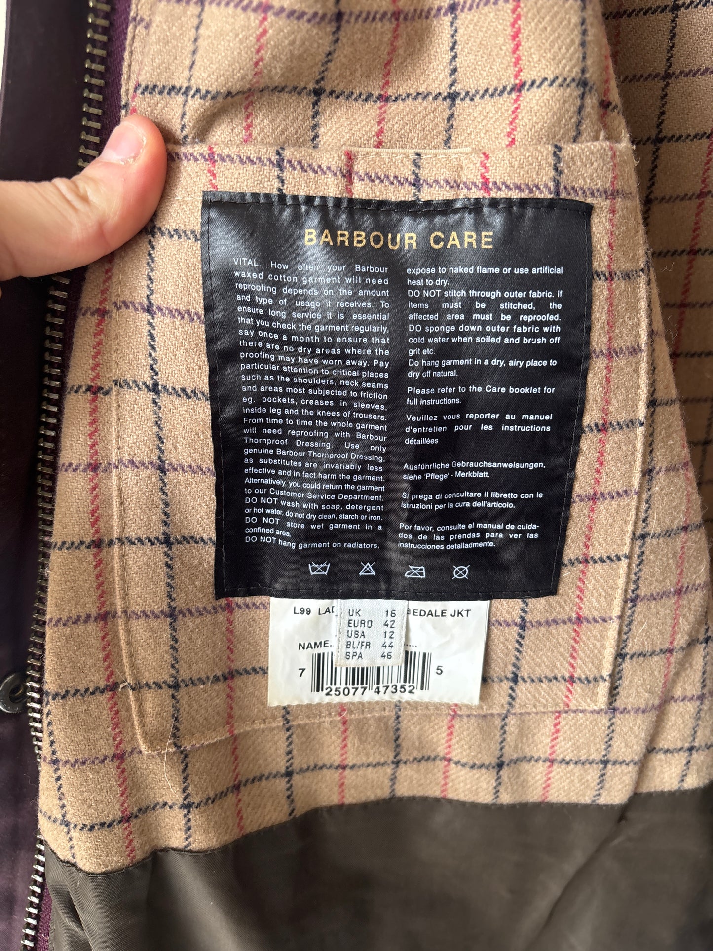 Barbour Ltd Purple Edition Bedale Cotton Wax Jacket, Ladies Size 16 / XL