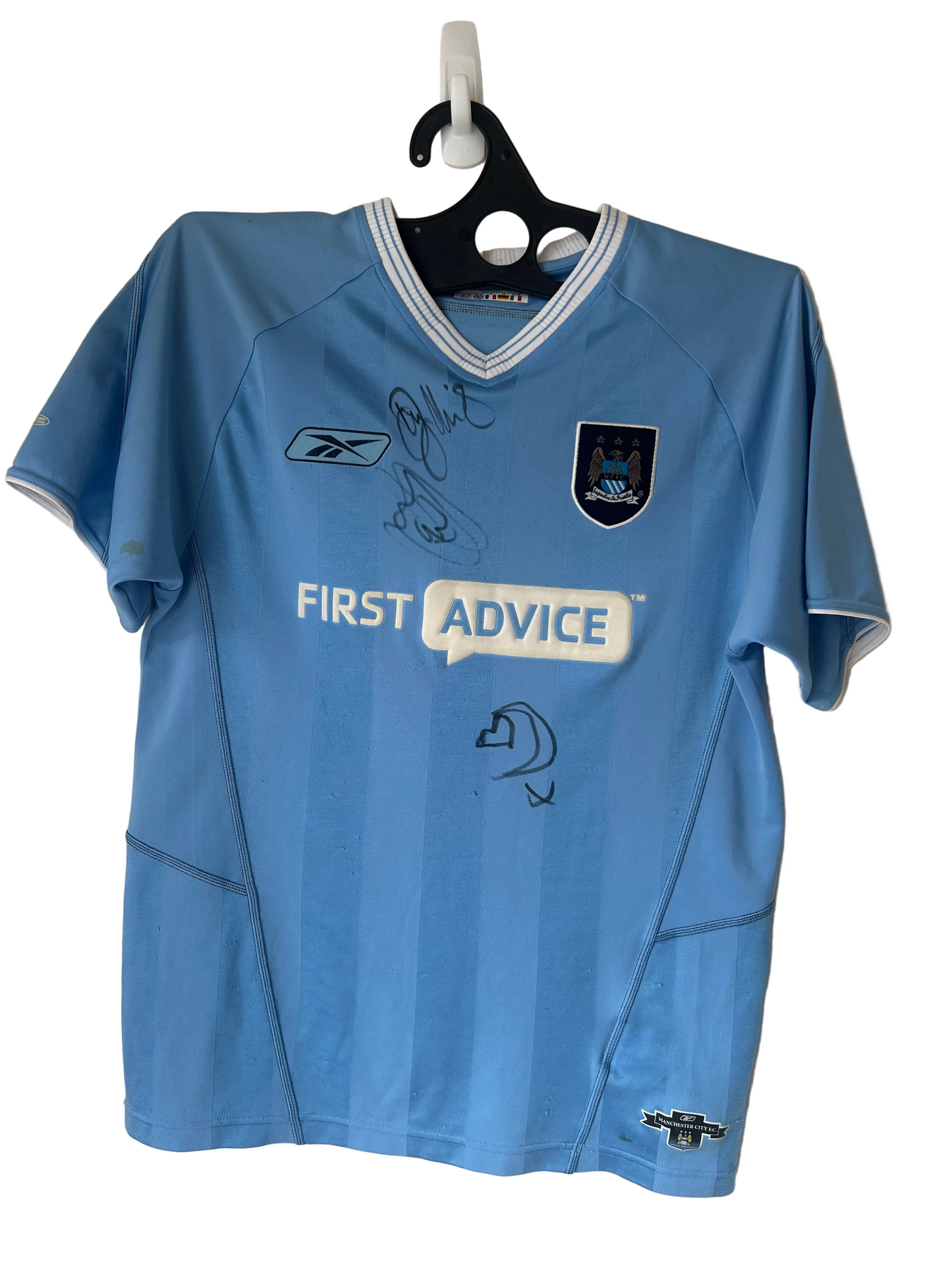 2003/4 Man City Home Football Shirt by Reebok, SIGNED by Danny Mills & David James, Size M